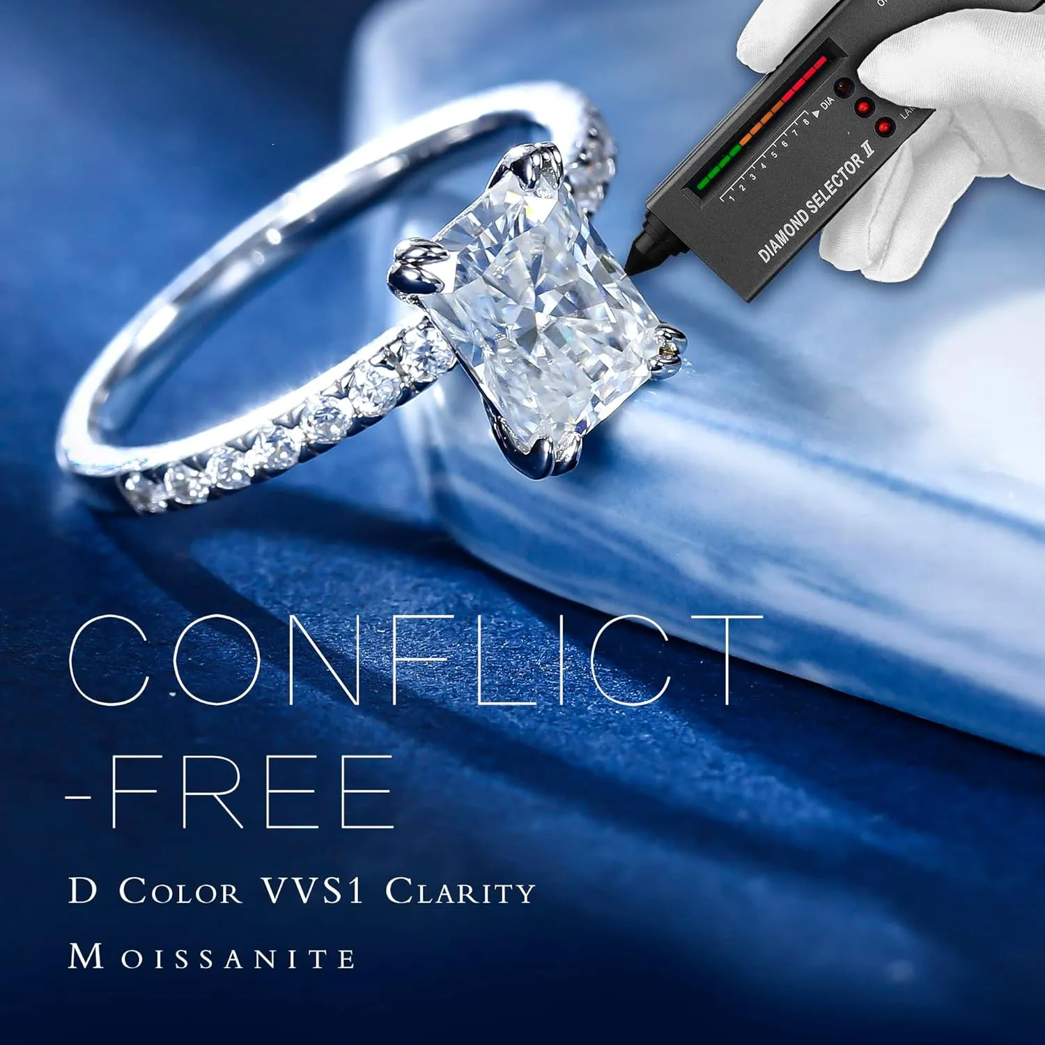 MOOSEA 2ct Radiant Cut Moissanite Rings for Women - D Color VVS1 Clarity Lab Created Moissanite Wedding Rings for Women 14K White Gold Plated Moissanite Engagement Ring Valentines Day Gifts for Her