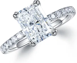 MOOSEA 2ct Radiant Cut Moissanite Rings for Women - D Color VVS1 Clarity Lab Created Moissanite Wedding Rings for Women 14K White Gold Plated Moissanite Engagement Ring Valentines Day Gifts for Her