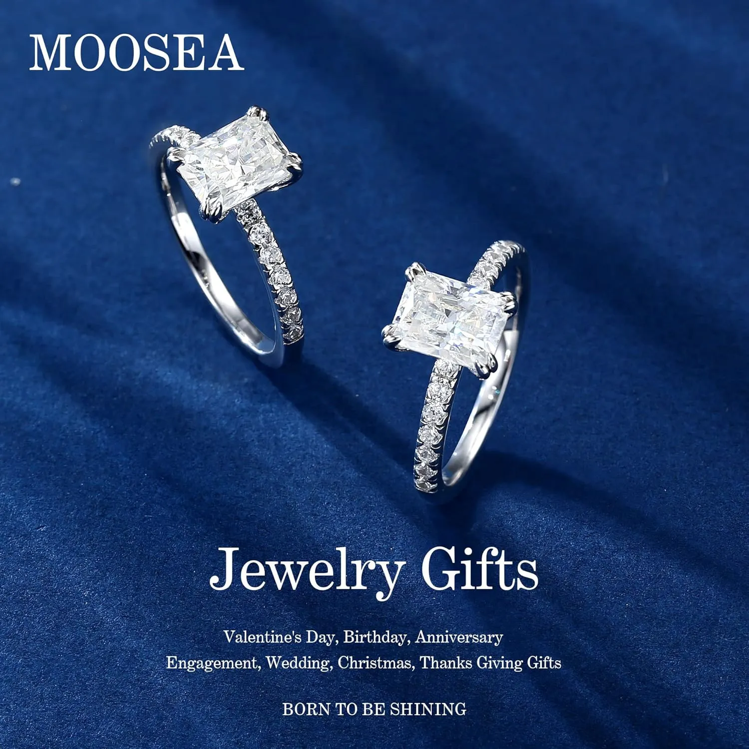 MOOSEA 2ct Radiant Cut Moissanite Rings for Women - D Color VVS1 Clarity Lab Created Moissanite Wedding Rings for Women 14K White Gold Plated Moissanite Engagement Ring Valentines Day Gifts for Her