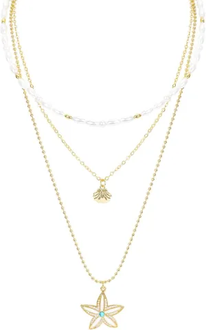 Multilayered Gold Starfish Pendant Necklace for Women Dangle Shell Charm Pearl Choker Necklace Adjustable Chain Layered Gold Plated Hollow Sea Star Necklace Summer Beach Ocean Jewelry Gift for Her