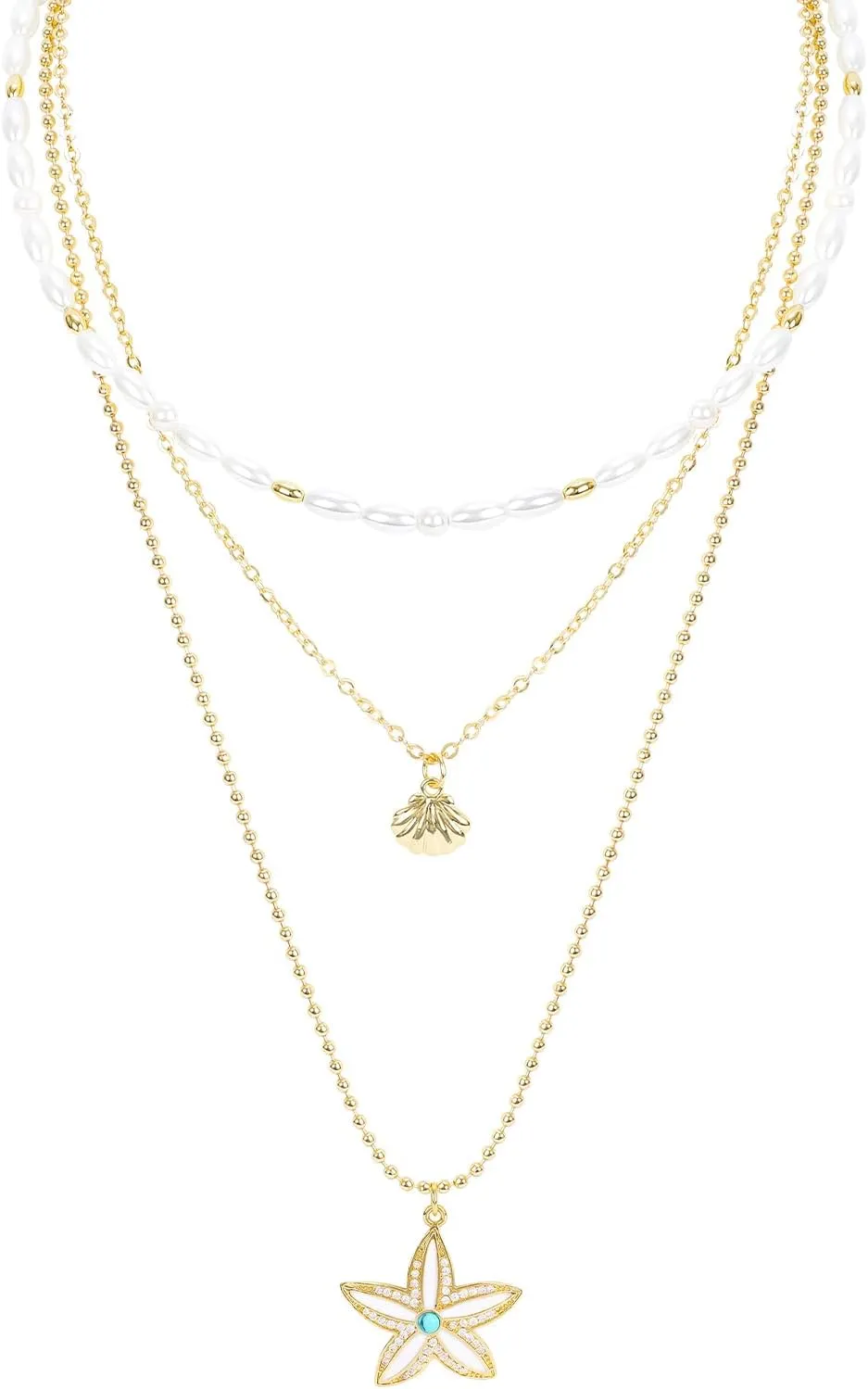 Multilayered Gold Starfish Pendant Necklace for Women Dangle Shell Charm Pearl Choker Necklace Adjustable Chain Layered Gold Plated Hollow Sea Star Necklace Summer Beach Ocean Jewelry Gift for Her