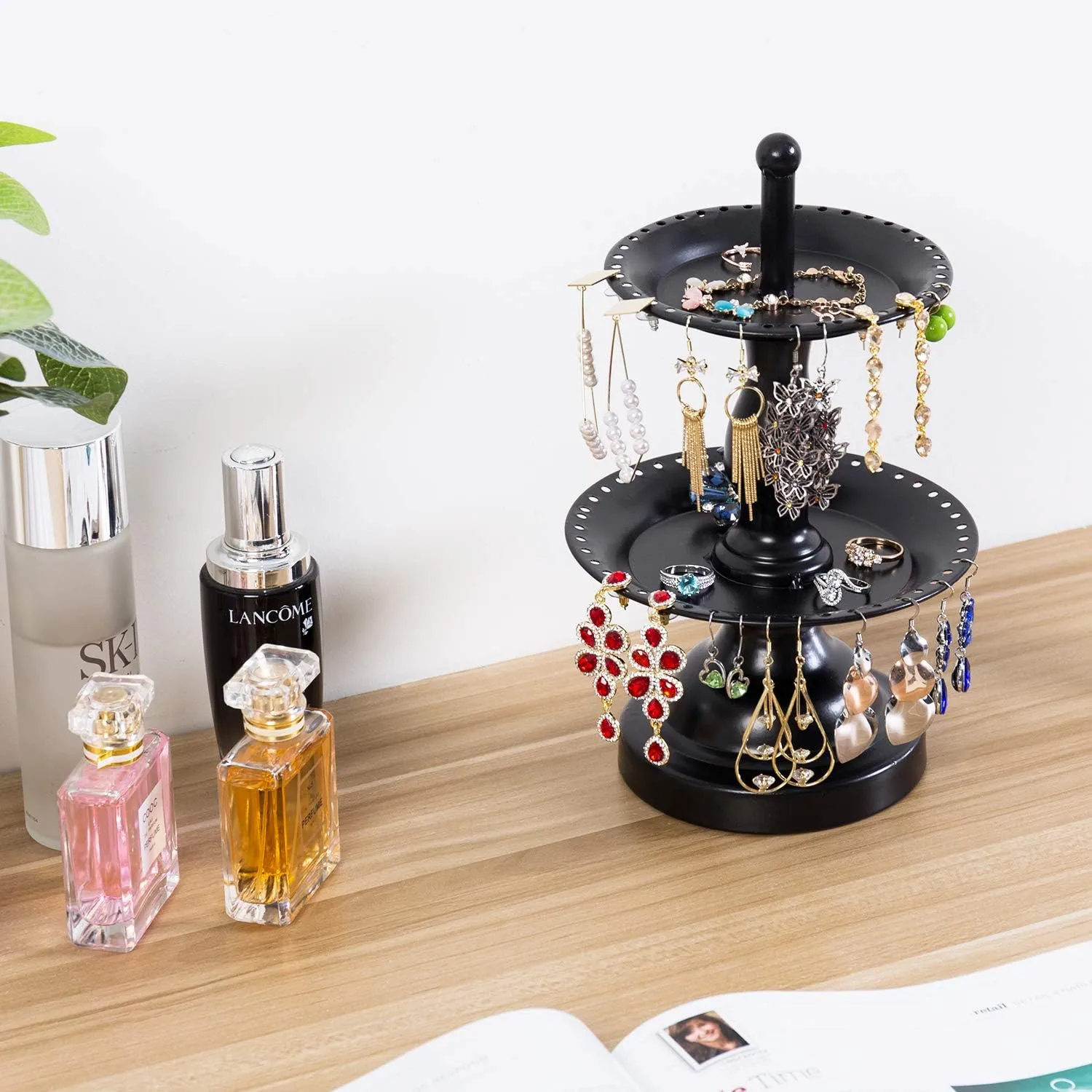 MyGift Earring Storage Rack Organizer, Metal Jewelry Tree, Necklace and Bracelet Hanger with Wooden Ring Tray Trinket Holder - Holds 68 Pairs of Earrings (Black-2-Tier)