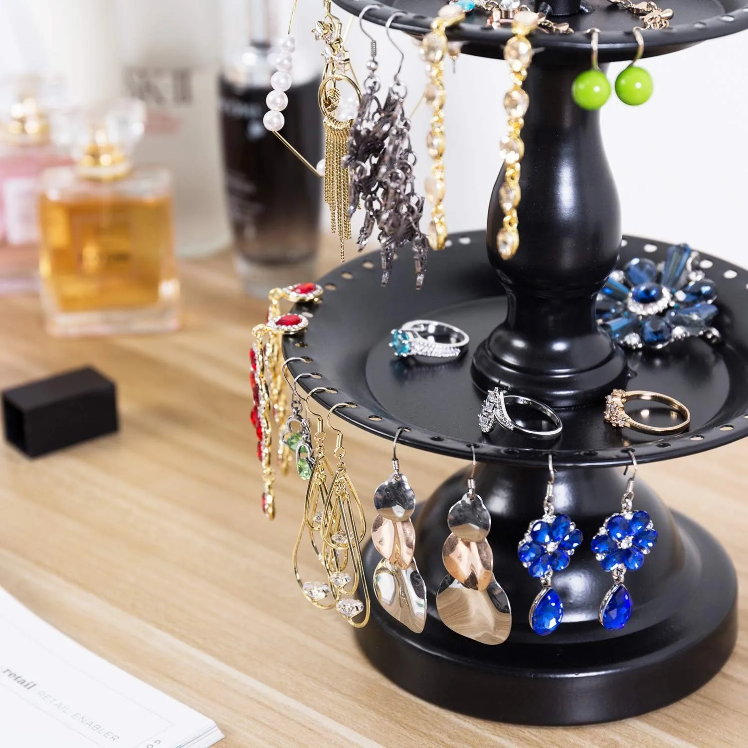 MyGift Earring Storage Rack Organizer, Metal Jewelry Tree, Necklace and Bracelet Hanger with Wooden Ring Tray Trinket Holder - Holds 68 Pairs of Earrings (Black-2-Tier)