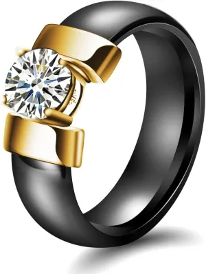 MYNENEY 6mm White/Black Ceramic Rings Plus Cubic Zirconia For Women Comfort Fit Engagement Wedding Band Size 5-12