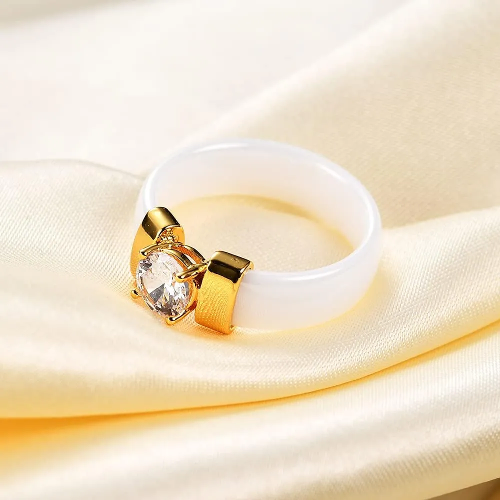 MYNENEY 6mm White/Black Ceramic Rings Plus Cubic Zirconia For Women Comfort Fit Engagement Wedding Band Size 5-12
