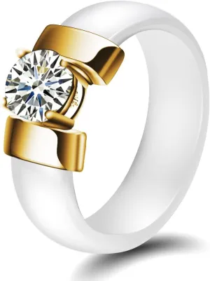 MYNENEY 6mm White/Black Ceramic Rings Plus Cubic Zirconia For Women Comfort Fit Engagement Wedding Band Size 5-12