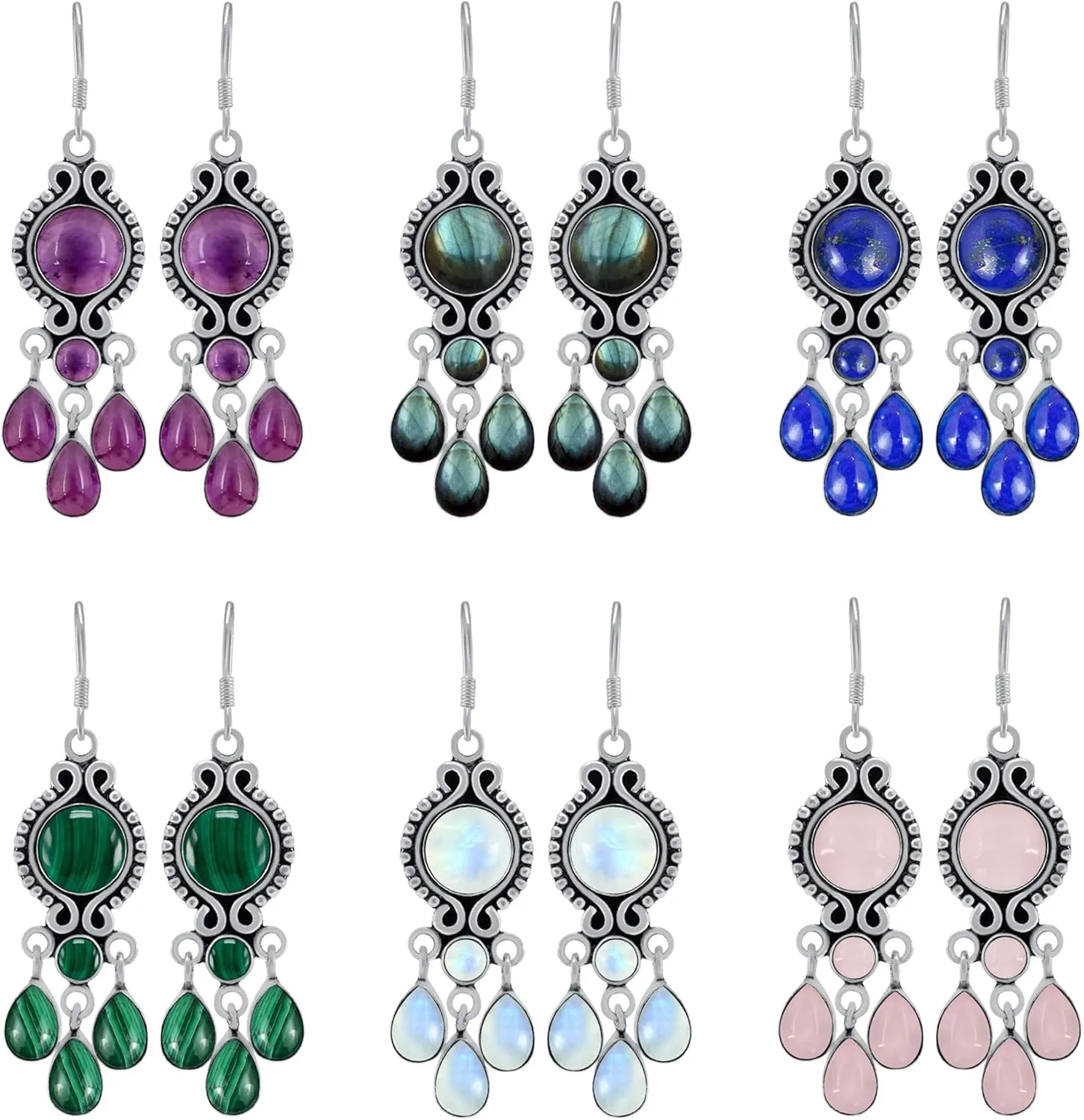 Natural Genuine Gemstones Dangle Earrings for Women  Handmade 925 Silver Plated Drop Earrings  Round & Pear Shape Gemstones Boho Vintage Style Fashion Jewelry  Gift for Wedding Christmas