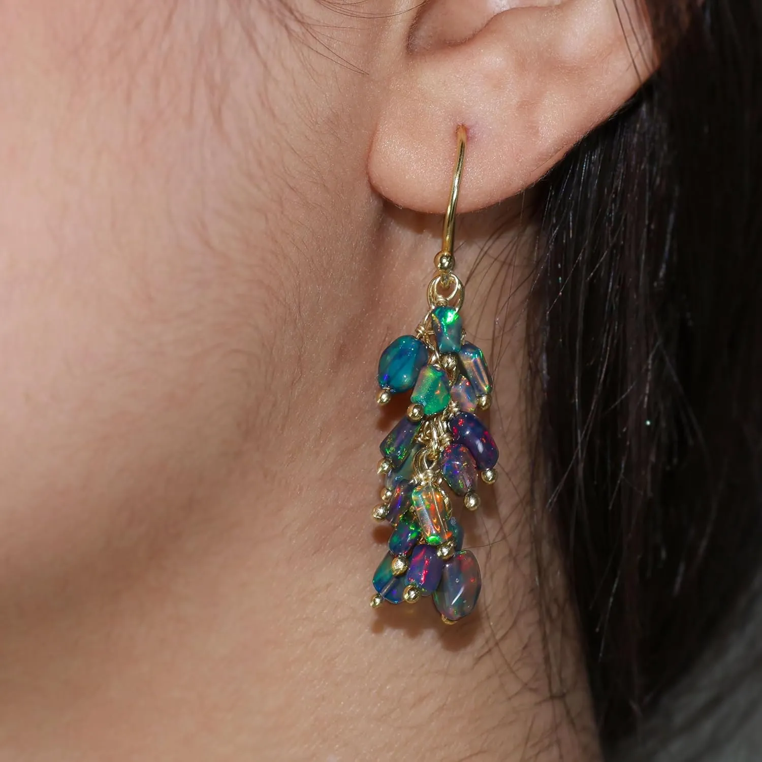 Natural Multicolor Opal Bead Cluster Earrings for Women in 925 Sterling Silver Yellow Gold Filled Birthstone Jewelry Gift for Mother/Sister/Wife