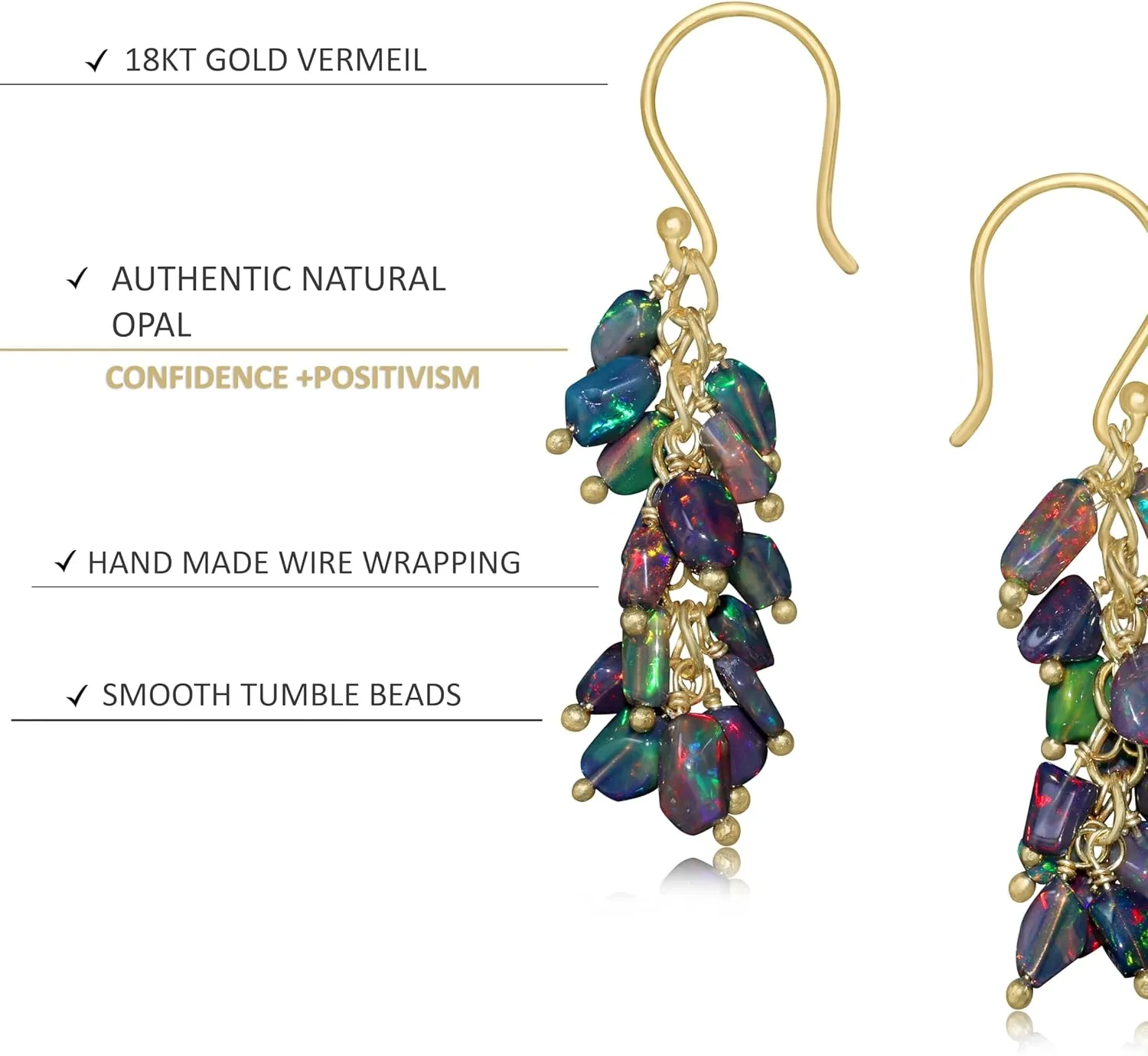 Natural Multicolor Opal Bead Cluster Earrings for Women in 925 Sterling Silver Yellow Gold Filled Birthstone Jewelry Gift for Mother/Sister/Wife