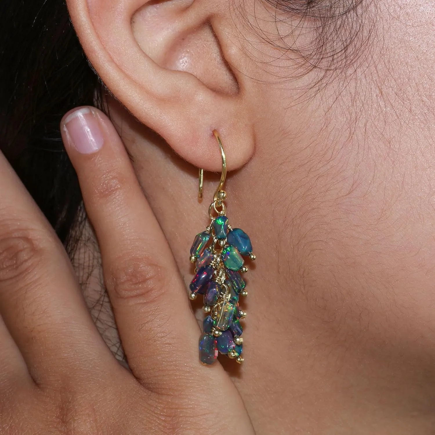 Natural Multicolor Opal Bead Cluster Earrings for Women in 925 Sterling Silver Yellow Gold Filled Birthstone Jewelry Gift for Mother/Sister/Wife