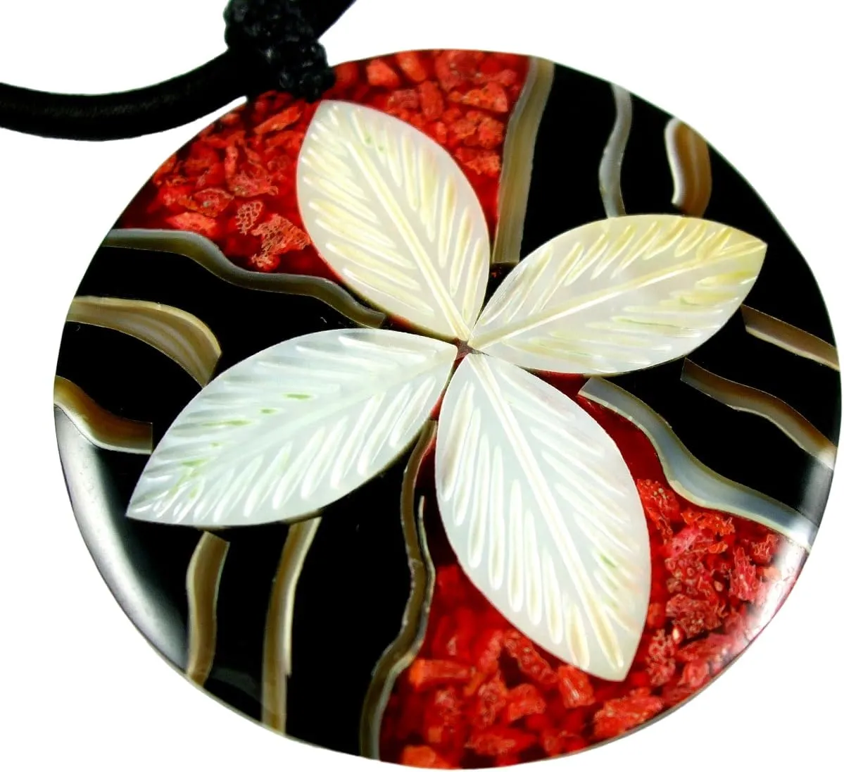 Natural Red Coral Mother of Pearl Cone Shell Pendant Beads Cord Necklace Handmade Women Jewelry DA098-N, Red, Black