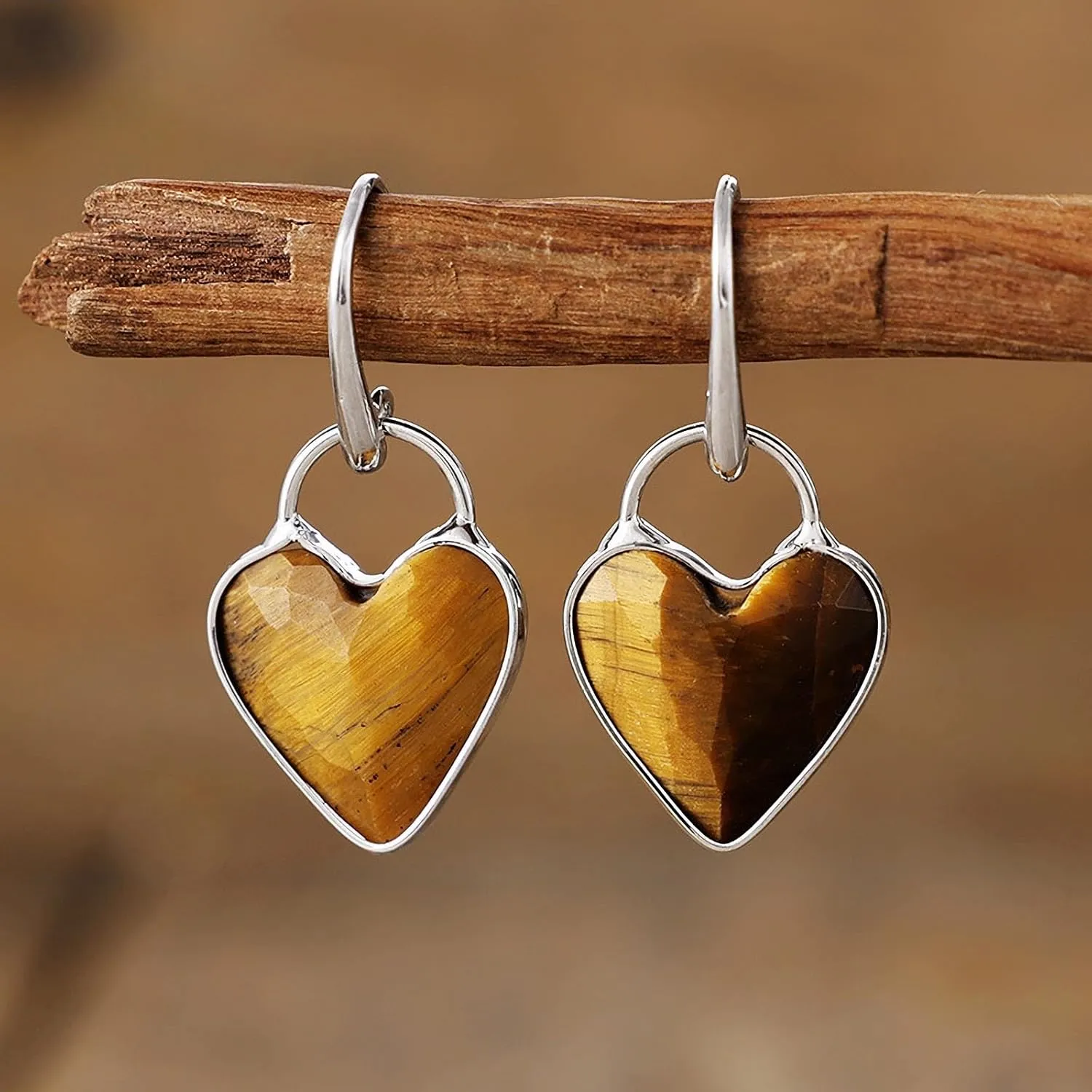 Natural Stone Heart Dangle Earrings Handmade Healing Gemstone Energy Hypoallergenic Earrings Vintage Bohemian Jewelry for Women