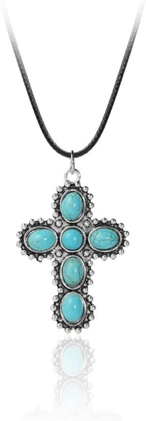 Natural Turquoise Necklace Boho Western Necklaces Jewelry for Women Men Bull Head Cow Tag lightning Bolt Necklace Horseshoe Necklace Hippie Accessories Cross Bar Pendant Necklace 90S Cowgirl Cowboy Jewelry 4 Pieces