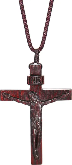 Natural Wooden Crucifix Cross Necklace for Men - Handmade Adjustable Rope Chain with Large Religious Pendant, Catholic Christian Spiritual Jewelry Gifts