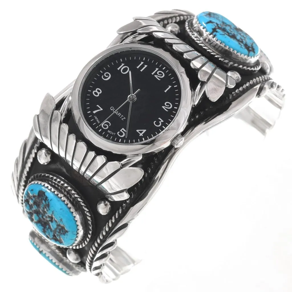 Navajo Turquoise Silver Big Boy Watch Cuff Hammered Sterling Mens Design 3190