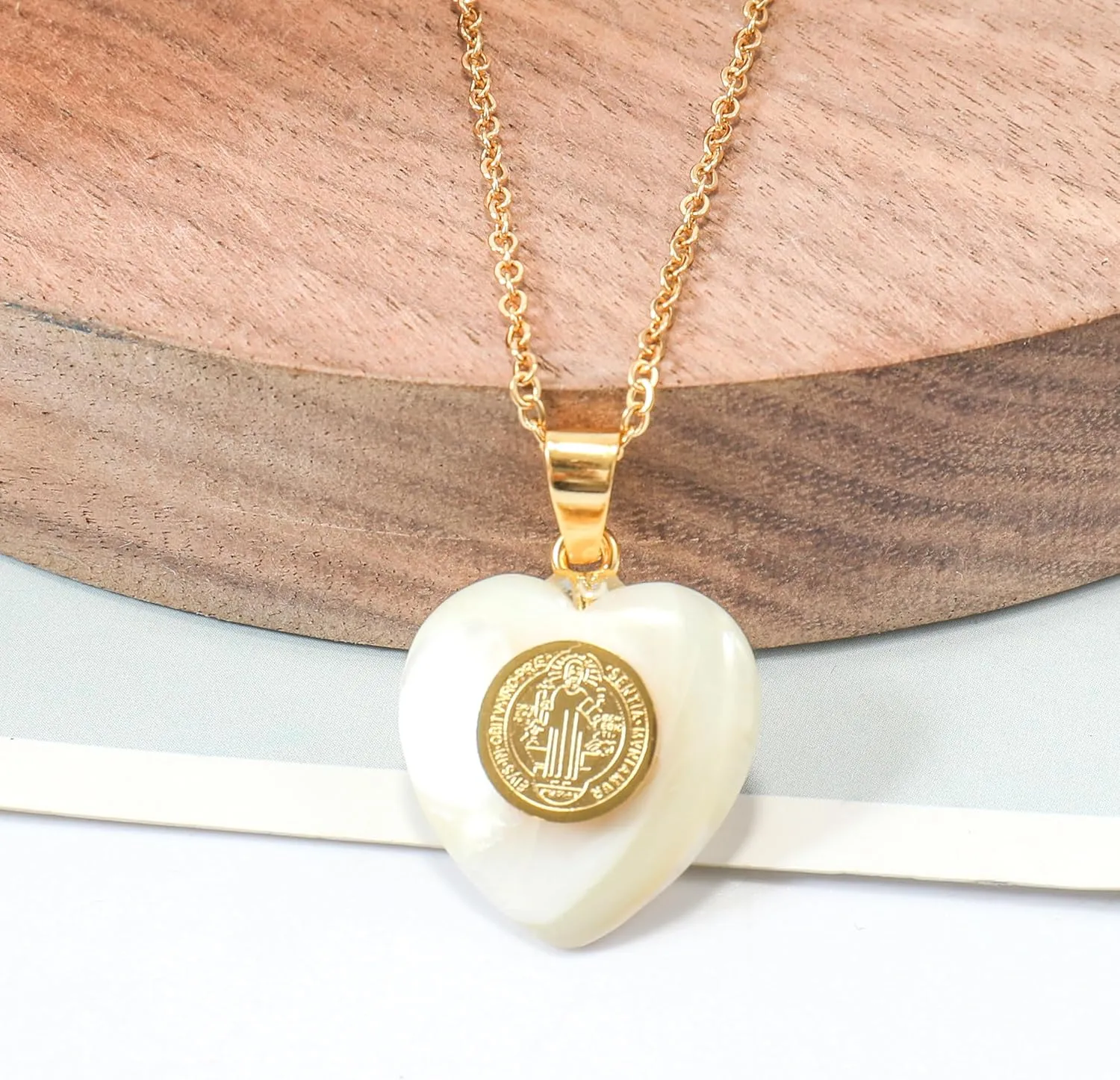 Nazareth Store Mother Of Pearl Saint Pendant Dainty 18K Gold Plated St. Benedict, St. Michael Miraculous Medal Gold Chain Necklace 18" for Men Women
