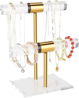 Necklace Holder Bracelet Holder, 2-Tier Acrylic Jewelry Display Stand Gold Jewelry Tower Stand Crystal T Bar Jewelry Organizer Gift for Women(2-Tier 1pc)