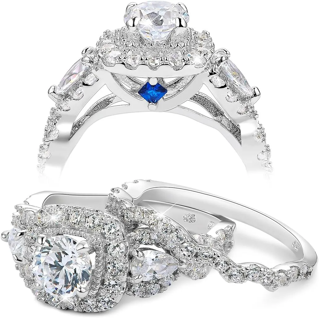 Newshe Jewellery 5A Cz Engagement Wedding Ring Set for Women 925 Sterling Silver 2.4ct Round Pear White Size 4-13
