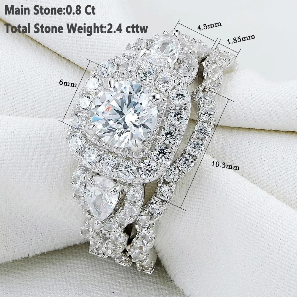 Newshe Jewellery 5A Cz Engagement Wedding Ring Set for Women 925 Sterling Silver 2.4ct Round Pear White Size 4-13