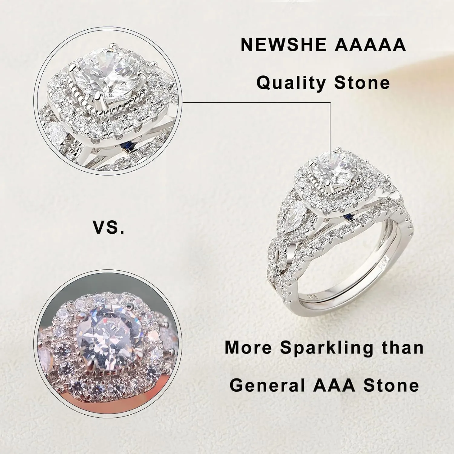Newshe Jewellery 5A Cz Engagement Wedding Ring Set for Women 925 Sterling Silver 2.4ct Round Pear White Size 4-13