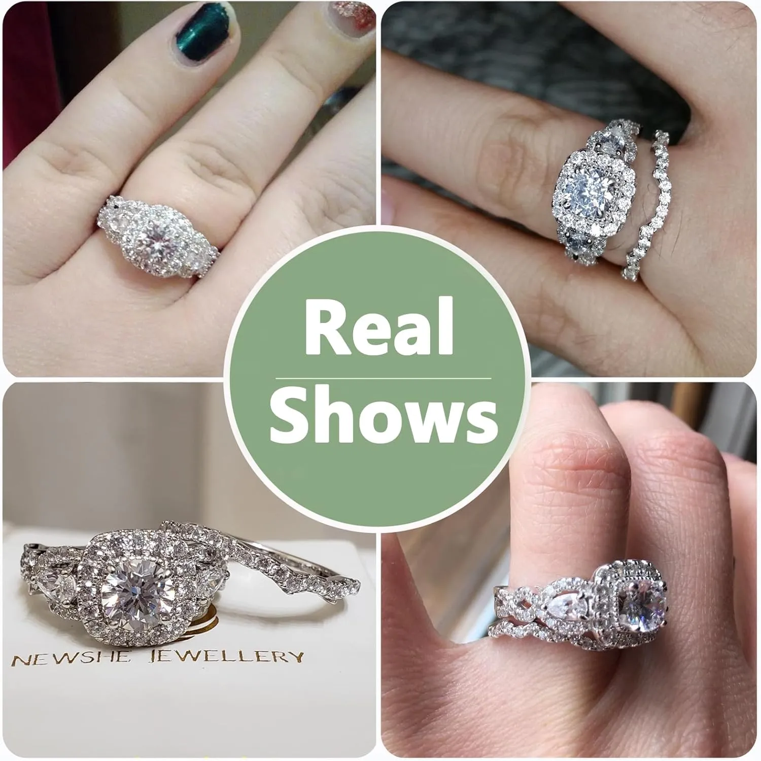 Newshe Jewellery 5A Cz Engagement Wedding Ring Set for Women 925 Sterling Silver 2.4ct Round Pear White Size 4-13
