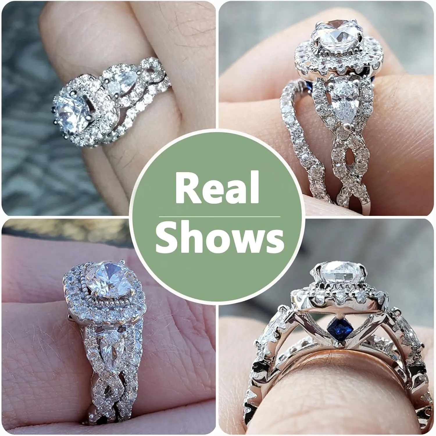 Newshe Jewellery 5A Cz Engagement Wedding Ring Set for Women 925 Sterling Silver 2.4ct Round Pear White Size 4-13