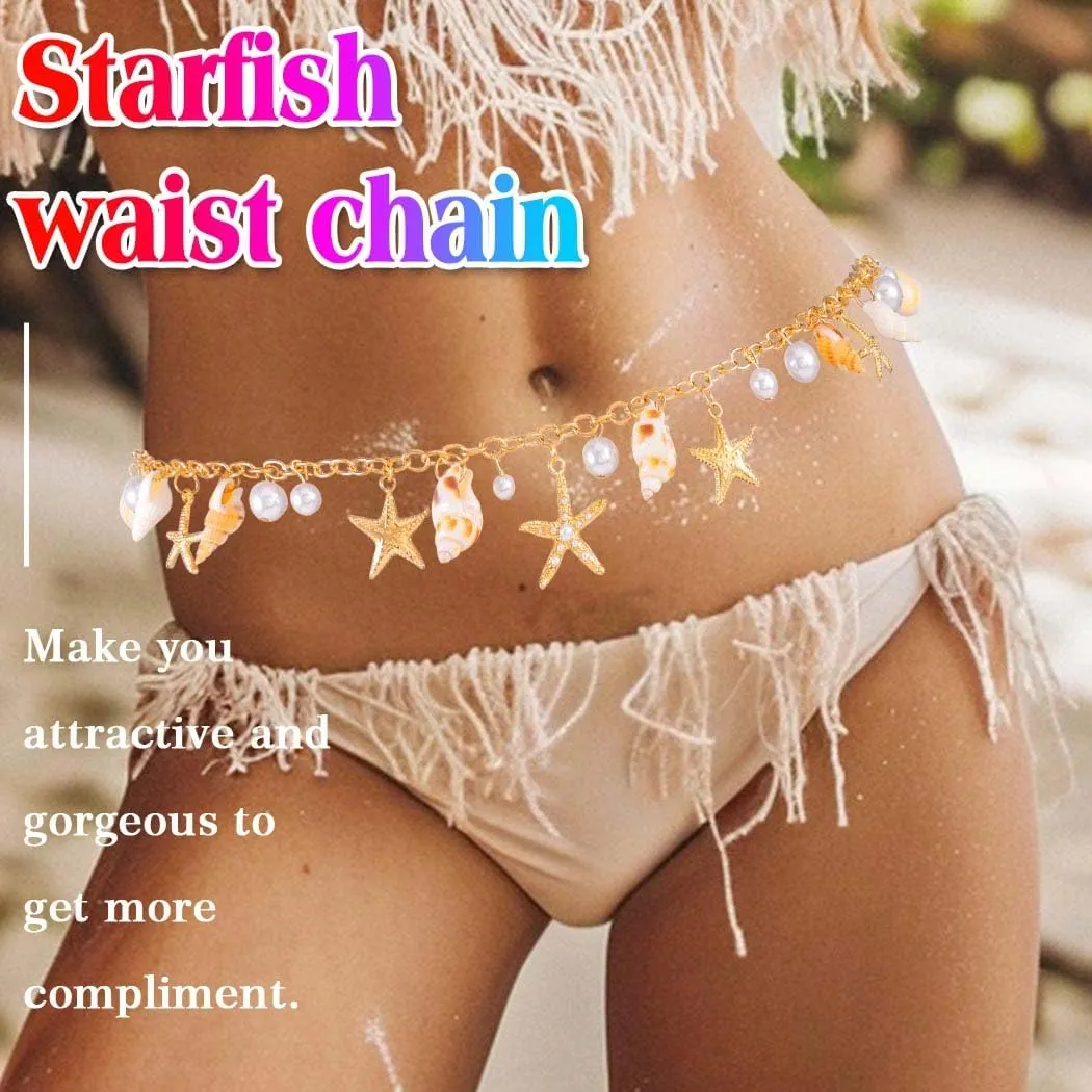 Nicute Gold Wasit Chain Starfish Seashell Tassel Belly Chain Summer Beach Bikini Body Jewelry for Women