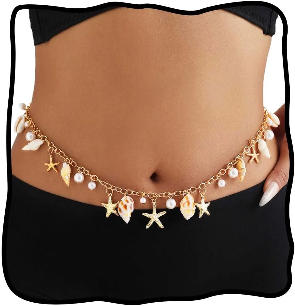 Nicute Gold Wasit Chain Starfish Seashell Tassel Belly Chain Summer Beach Bikini Body Jewelry for Women