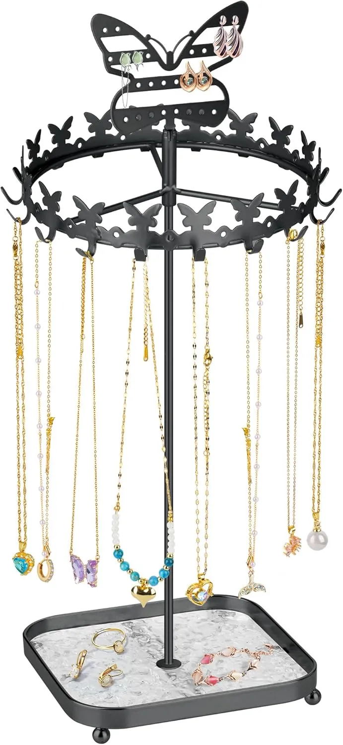 NiHome Butterfly Rotating Jewelry Organizer with 18 Hooks, 26 Earring Holes and Jewelry Tray, Space-Saving Necklace & Earring Holder for Organizing and Displaying Jewelry at Home or in Stores (Black)