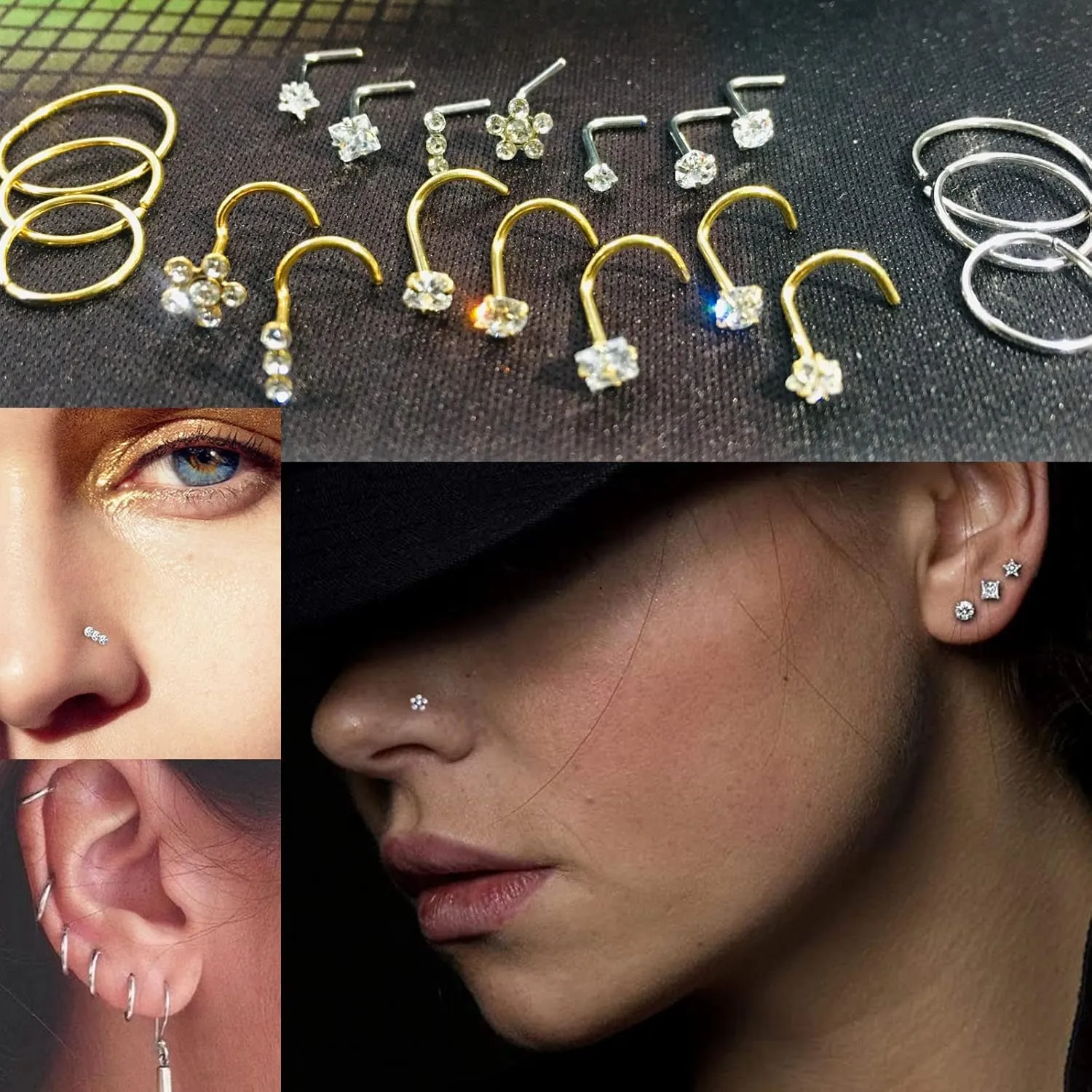 Nose Rings Studs L Screw Bone Shpaed Nose Studs for Women 18g 20g 22g 14K Gold Plated