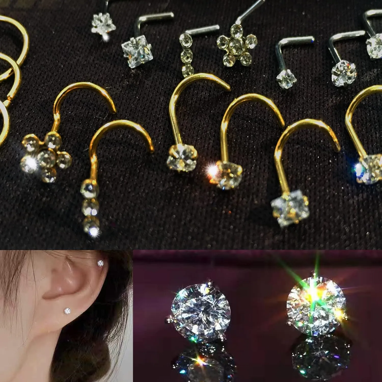 Nose Rings Studs L Screw Bone Shpaed Nose Studs for Women 18g 20g 22g 14K Gold Plated
