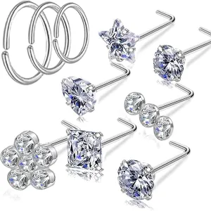 Nose Rings Studs L Screw Bone Shpaed Nose Studs for Women 18g 20g 22g 14K Gold Plated