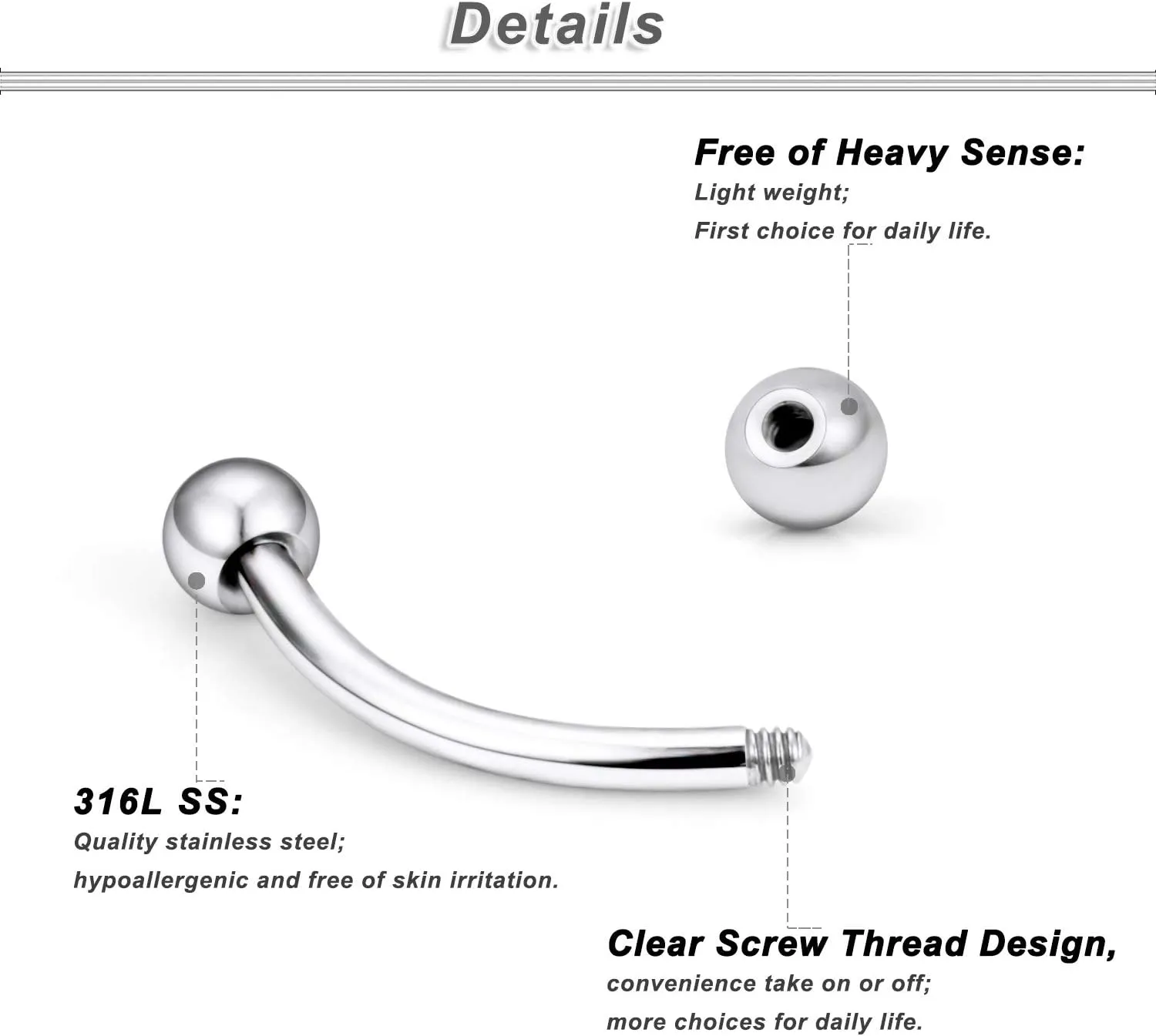 Ocptiy 16G Eyebrow Rook Piercing Jewelry 316L Surgical Steel Vertical Labret Lip Studs Curved Barbell Small Belly Button Ring Daith Earrings Piercing Jewelry 3mm Top CZ / 6mm 8mm 10mm Bars