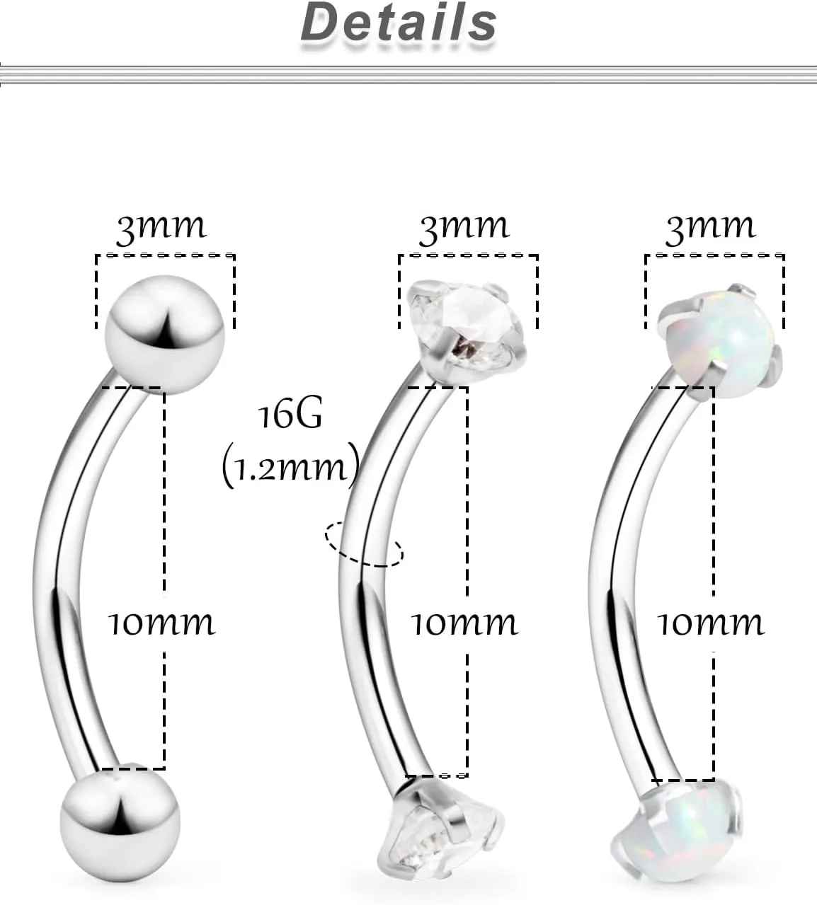 Ocptiy 16G Eyebrow Rook Piercing Jewelry 316L Surgical Steel Vertical Labret Lip Studs Curved Barbell Small Belly Button Ring Daith Earrings Piercing Jewelry 3mm Top CZ / 6mm 8mm 10mm Bars
