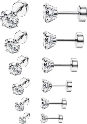 ORAZIO 6Pairs Hypoallergenic Flat Back Earrings 316L Stainless Steel Studs for Sensitive Ears, 3-8mm Cubic Zirconia, Stylish Jewelry for Women Men - Silver