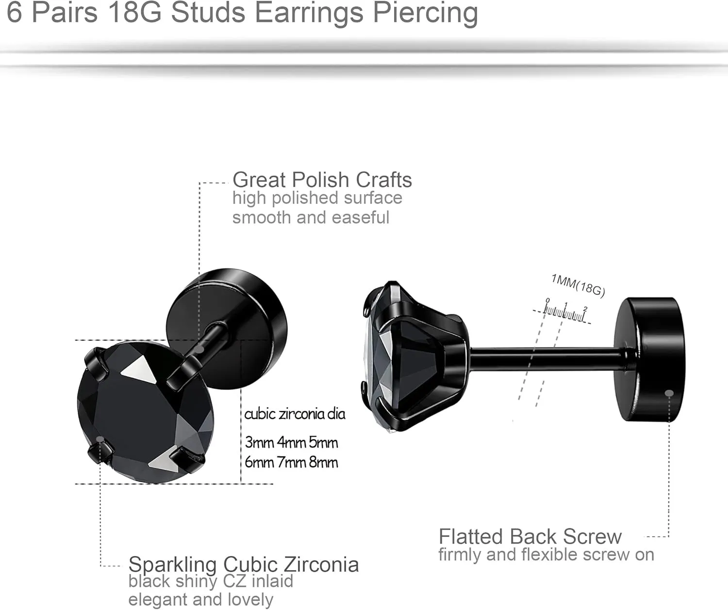 ORAZIO 6Pairs Hypoallergenic Flat Back Earrings 316L Stainless Steel Studs for Sensitive Ears, 3-8mm Cubic Zirconia, Stylish Jewelry for Women Men - Silver