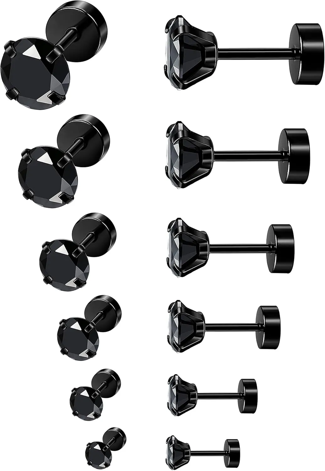 ORAZIO 6Pairs Hypoallergenic Flat Back Earrings 316L Stainless Steel Studs for Sensitive Ears, 3-8mm Cubic Zirconia, Stylish Jewelry for Women Men - Silver