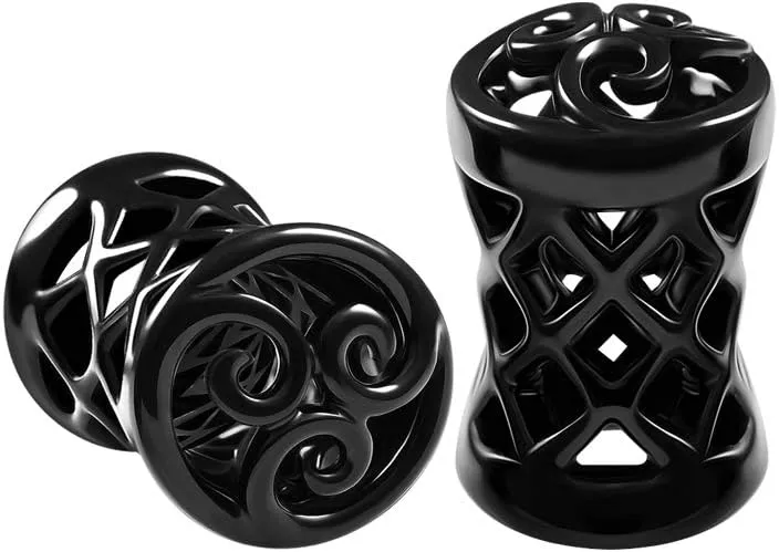 Pair of Black Alloy Double Flared Saddle Piercing Jewelry Earring Stretcher Ear Flesh Tunnel Lobe Plugs