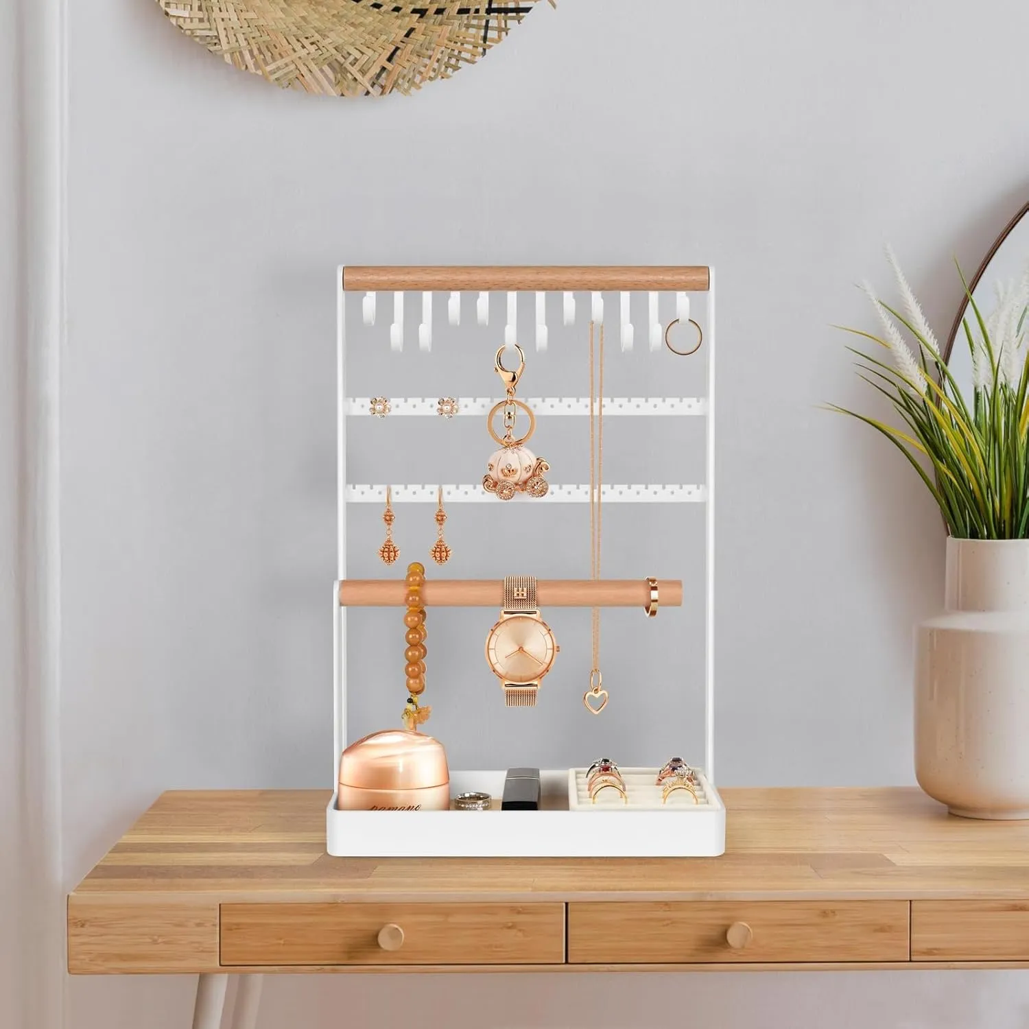 PAMANO Jewelry Stand Earring Organizer, 5-Tier Necklace Holder with Ear Stud Holes Wooden Ring Tray, 12 Hooks Bracelet Hanging Storage Rack for Necklaces Earrings Rings Watches on Dresser