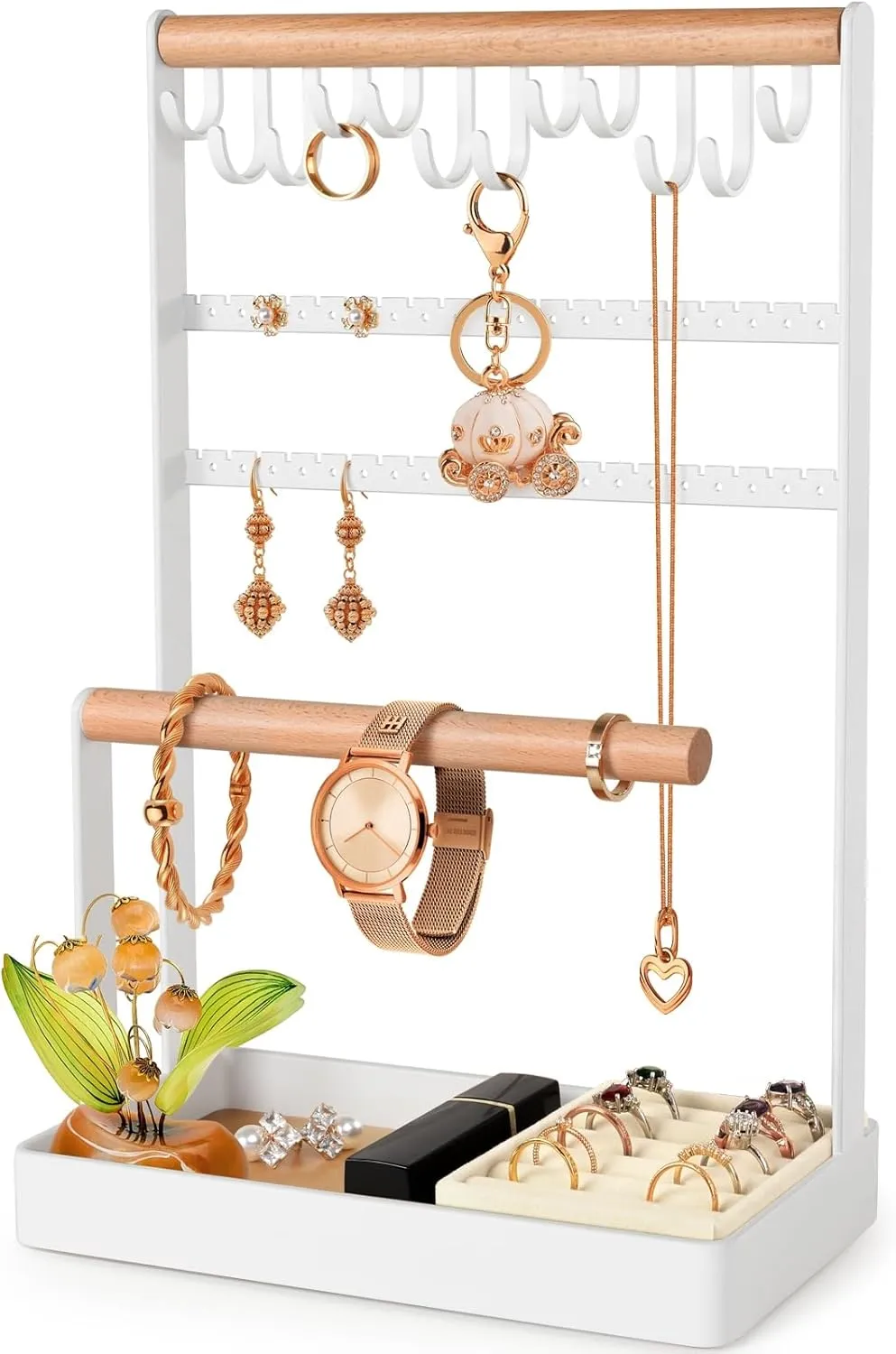 PAMANO Jewelry Stand Earring Organizer, 5-Tier Necklace Holder with Ear Stud Holes Wooden Ring Tray, 12 Hooks Bracelet Hanging Storage Rack for Necklaces Earrings Rings Watches on Dresser