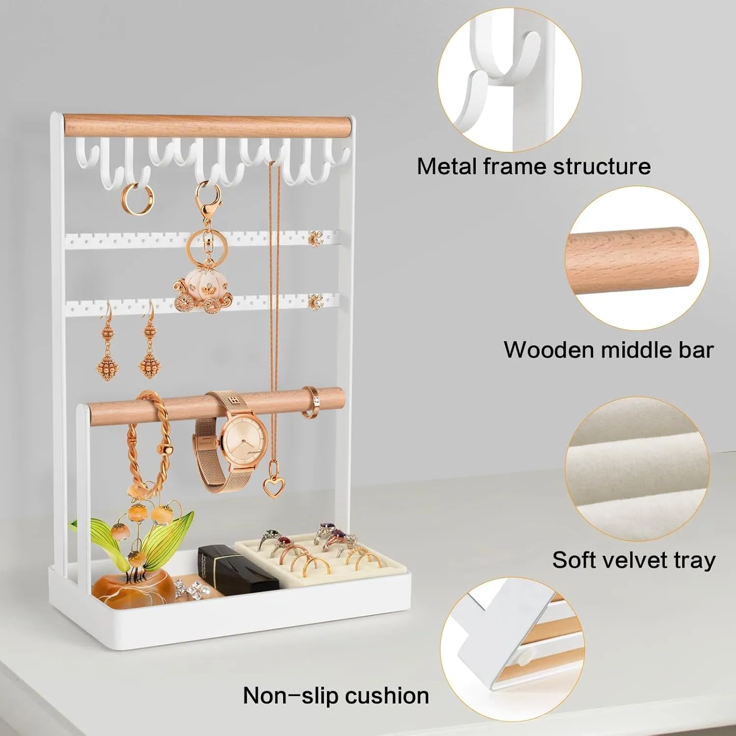 PAMANO Jewelry Stand Earring Organizer, 5-Tier Necklace Holder with Ear Stud Holes Wooden Ring Tray, 12 Hooks Bracelet Hanging Storage Rack for Necklaces Earrings Rings Watches on Dresser