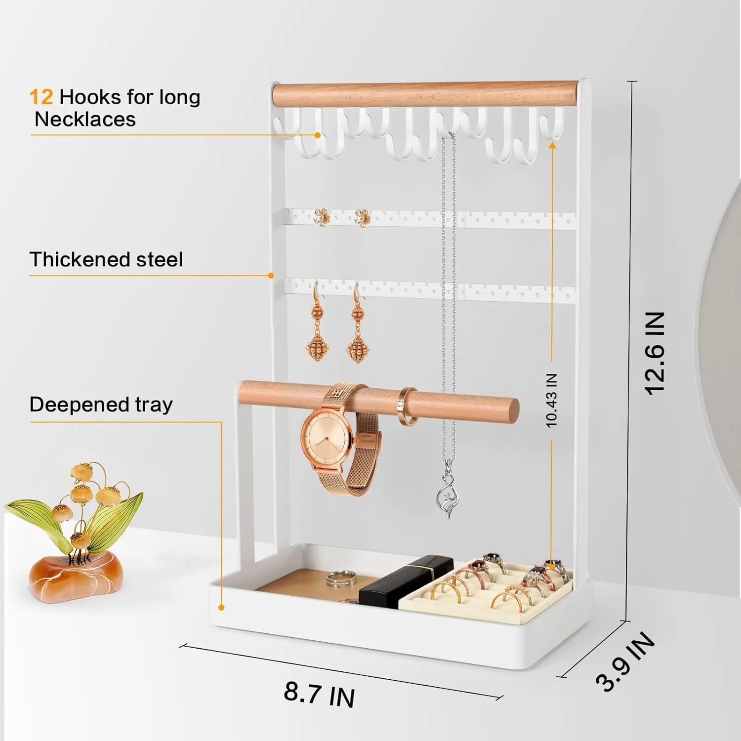 PAMANO Jewelry Stand Earring Organizer, 5-Tier Necklace Holder with Ear Stud Holes Wooden Ring Tray, 12 Hooks Bracelet Hanging Storage Rack for Necklaces Earrings Rings Watches on Dresser
