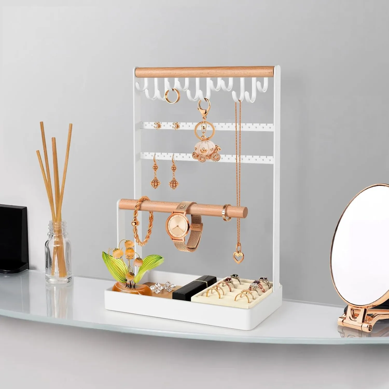 PAMANO Jewelry Stand Earring Organizer, 5-Tier Necklace Holder with Ear Stud Holes Wooden Ring Tray, 12 Hooks Bracelet Hanging Storage Rack for Necklaces Earrings Rings Watches on Dresser