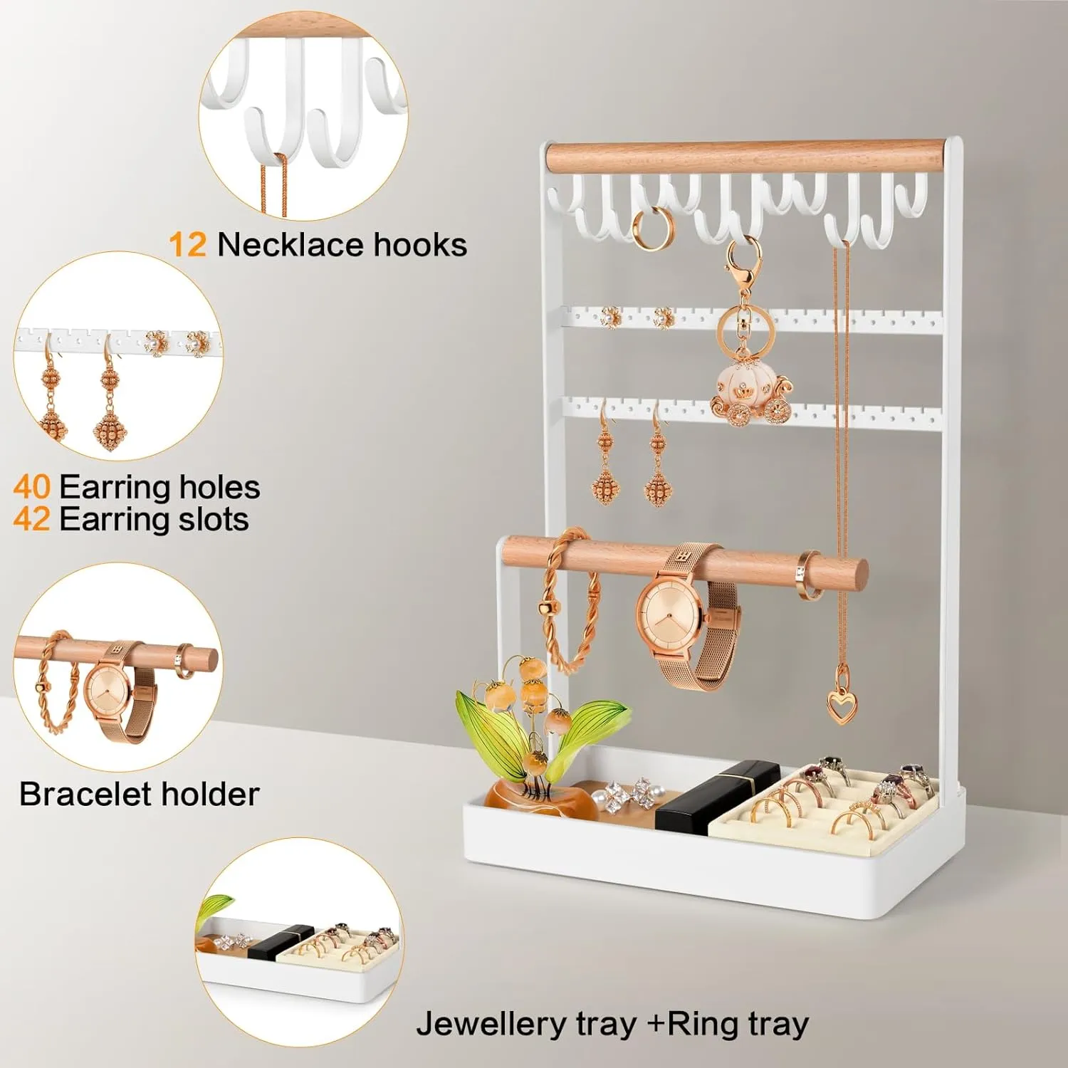 PAMANO Jewelry Stand Earring Organizer, 5-Tier Necklace Holder with Ear Stud Holes Wooden Ring Tray, 12 Hooks Bracelet Hanging Storage Rack for Necklaces Earrings Rings Watches on Dresser