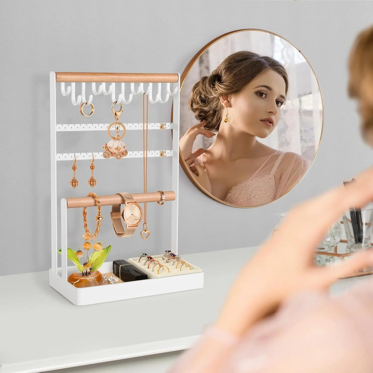 PAMANO Jewelry Stand Earring Organizer, 5-Tier Necklace Holder with Ear Stud Holes Wooden Ring Tray, 12 Hooks Bracelet Hanging Storage Rack for Necklaces Earrings Rings Watches on Dresser