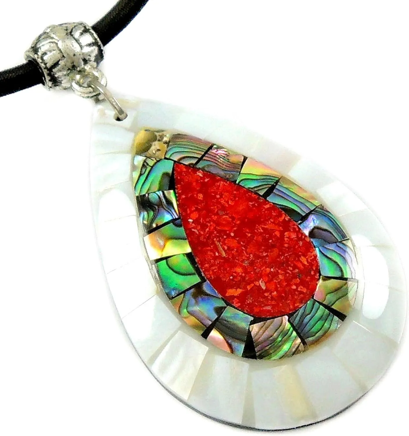 Paua Abalone Shell Necklace with Red Coral and Mother of Pearl Pendant on 16 to 27 inch Adjustable Cord Jewelry CA423