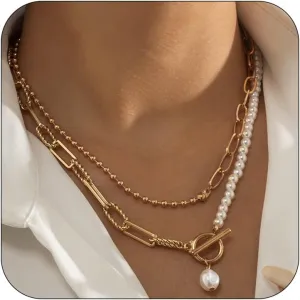 Pearl Chunky Gold Necklaces for Women Dainty Layered Gold Necklace Trendy Baroque Pearl OT Clasp Paperclip Necklace Beaded Ball Chain Necklace for Women
