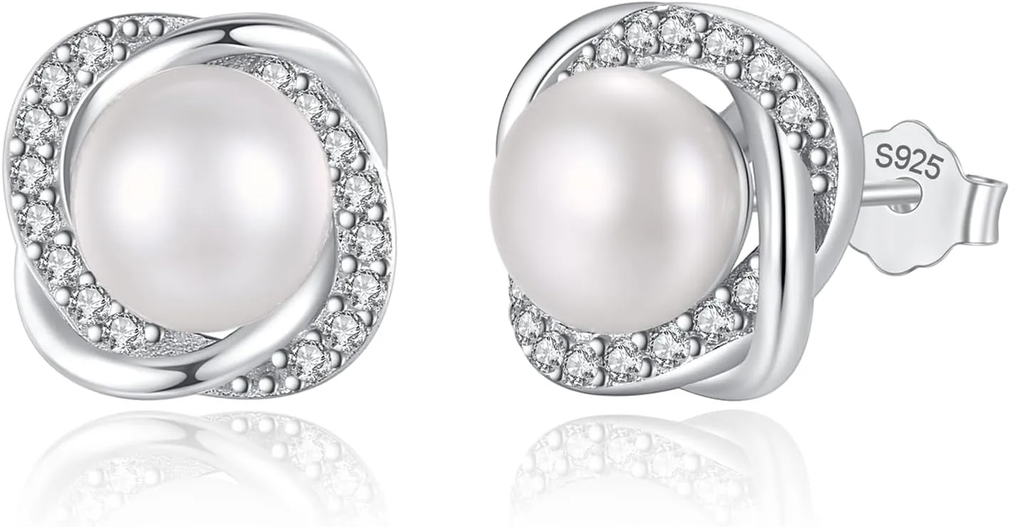 Pearl Earrings for Women Freshwater Cultured Pearl Stud Earrings 925 Sterling Silver Cubic Zirconia Stud Earrings for Mother Her