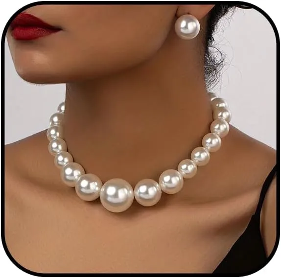 Pearl Necklace Earrings Set for Women Chunky Pearl Choker Big Pearl Stud Earrings Gold Pearl Choker Necklace Pearl Statement Necklace Faux Pearl Jewelry Set Wedding Jewelry