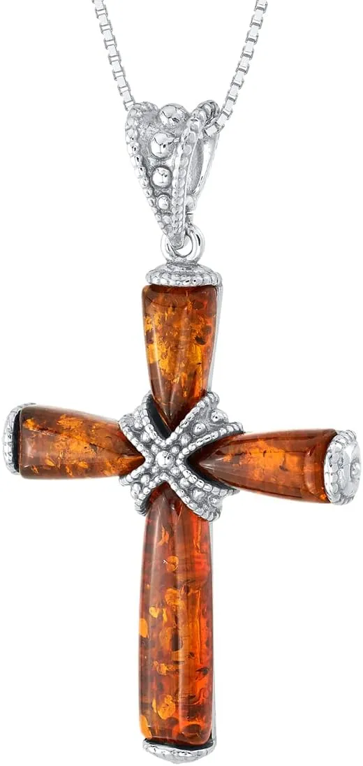PEORA Genuine Baltic Amber Milgrain Cross Pendant Necklace for Women 925 Sterling Silver, Rich Cognac Color with 18 inch Chain, Real Baltic Amber Necklace for Adults, 100% Natural from Baltic Region